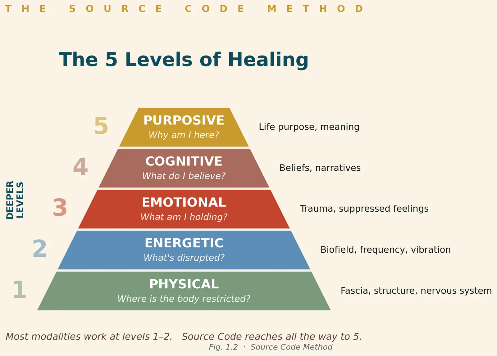 The five levels of healing pyramid: physical, energetic, emotional, cognitive and purposive